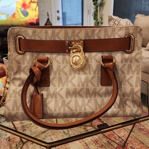Michael Kors White/Brown Leather and Signature Coated Canvas Hamilton